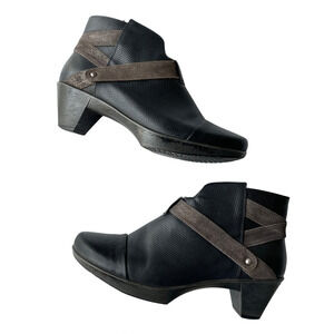 NAOT Boots Modern Ankle Bootie Leather Block Heel Side Zip Black Brown 38 7 7.5